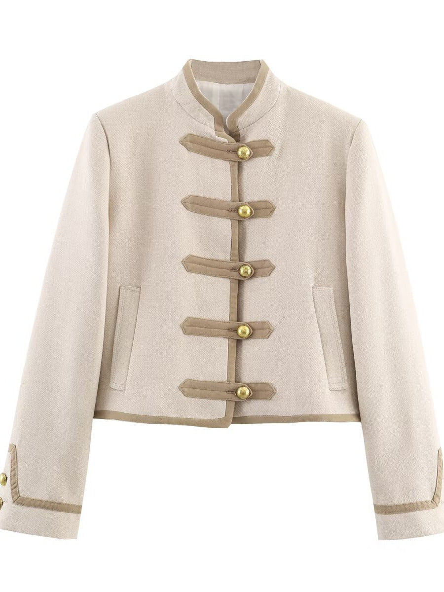 Design Padded Shoulder Rope Knot Button Jacket Coat