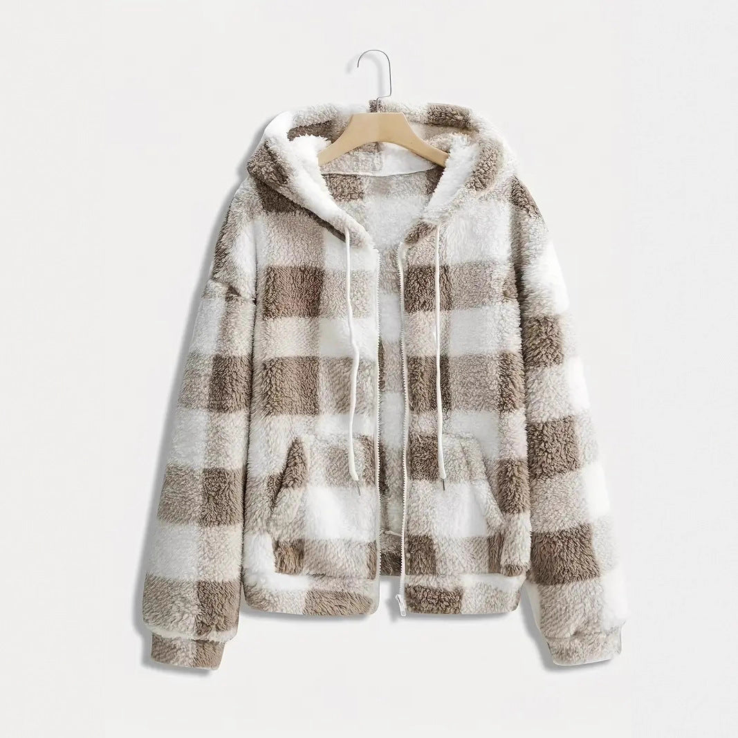 Fashionable Casual Zip-up Plush Hoodie With Long Sleeves